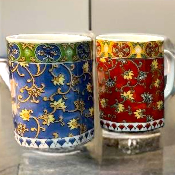 Set of Six (6) Vintage Paisley Print Octagonal Rim Glass Tea Coffee Mugs Cups - Picture 3 of 5